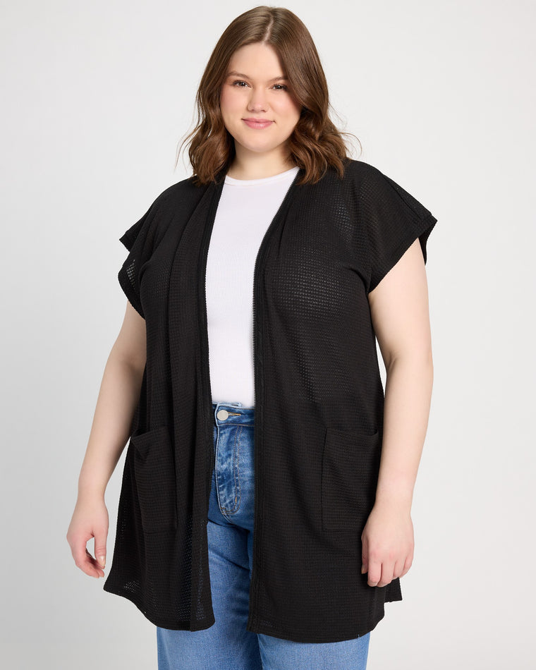 Black $|& Bobeau Front Pocket Open Knit Jacquard Cardigan - SOF Front