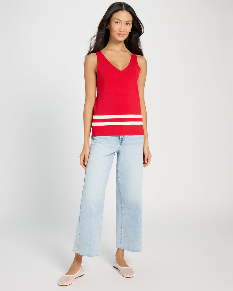 Scarlet/Ivory Red $|& Tea N Rose V-Neck Sleeveless Striped Bottom Tank - UGC On Fig