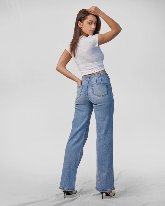 Light Wash $|& Mica Denim Super High Rise Wide Leg Jean With Double Button - VOF Back