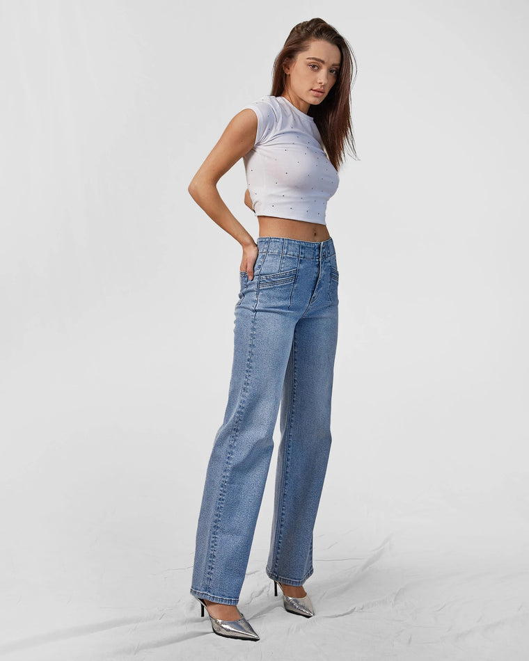 Light Wash $|& Mica Denim Super High Rise Wide Leg Jean With Double Button - VOF Side