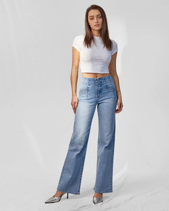 Light Wash $|& Mica Denim Super High Rise Wide Leg Jean With Double Button - VOF Front