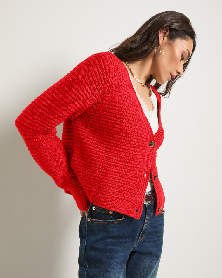 Pomegranate $|& SEAS Meadow V-Neck Cardigan - SOF Full Front