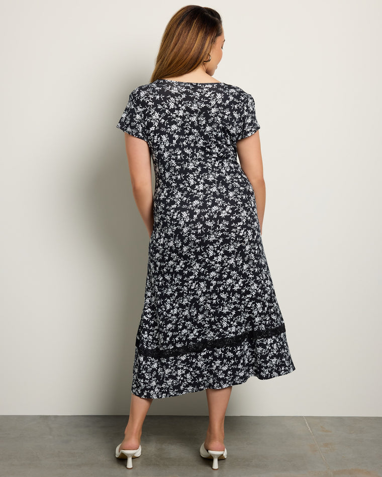 Black/White Floral $|& Loveappella Short Sleeve Maxi Dress - SOF Back