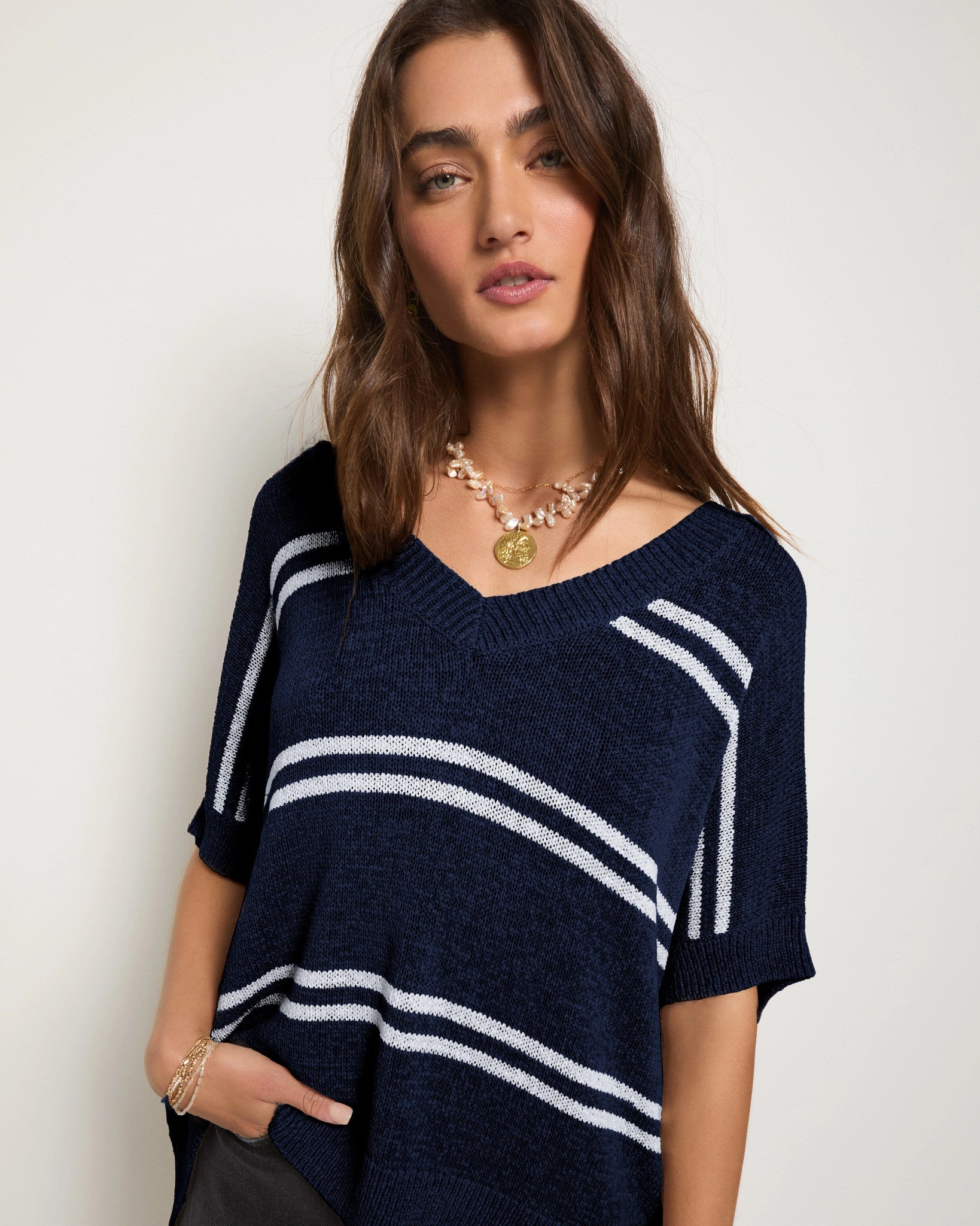 Sapphire Stripe $|& SEAS Wavetide Stripe V-Neck Sweater Tee - SOF Full Front