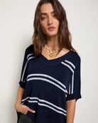 Sapphire Stripe $|& SEAS Wavetide Stripe V-Neck Sweater Tee - SOF Full Front