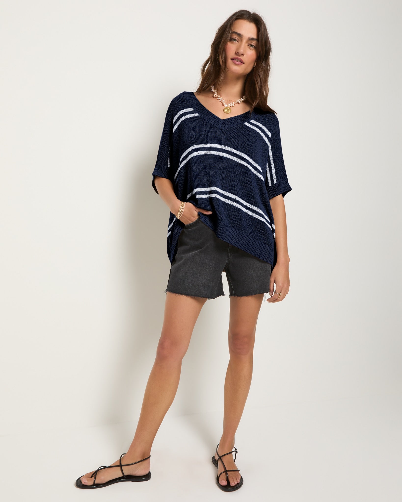 Sapphire Stripe $|& SEAS Wavetide Stripe V-Neck Sweater Tee - UGC On Fig