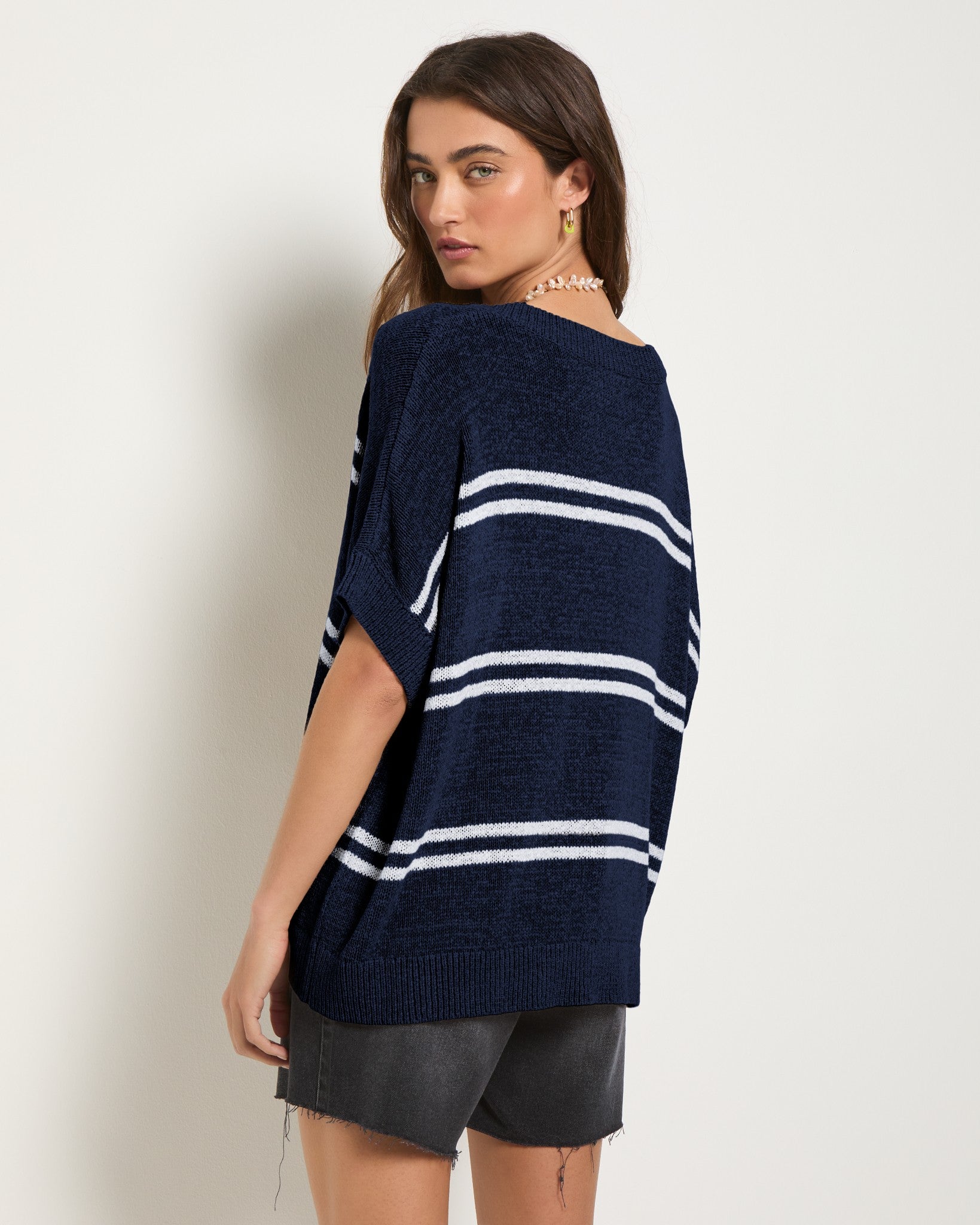 Sapphire Stripe $|& SEAS Wavetide Stripe V-Neck Sweater Tee - SOF Back