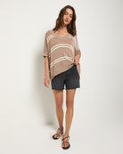 Latte Stripe $|& SEAS Wavetide Stripe V-Neck Sweater Tee - UGC On Fig
