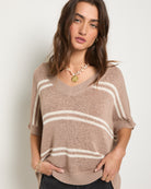 Latte Stripe $|& SEAS Wavetide Stripe V-Neck Sweater Tee - SOF Full Front