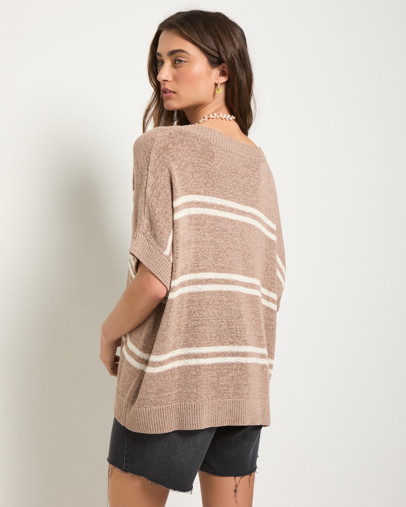 Latte Stripe $|& SEAS Wavetide Stripe V-Neck Sweater Tee - SOF Back