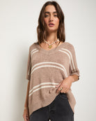 Latte Stripe $|& SEAS Wavetide Stripe V-Neck Sweater Tee - SOF Front