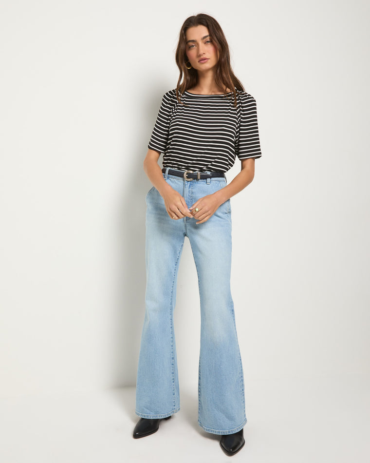 Black/White Stripe $|& SEAS Seabreeze Boat Neck Puff Sleeve Tee - UGC On Fig