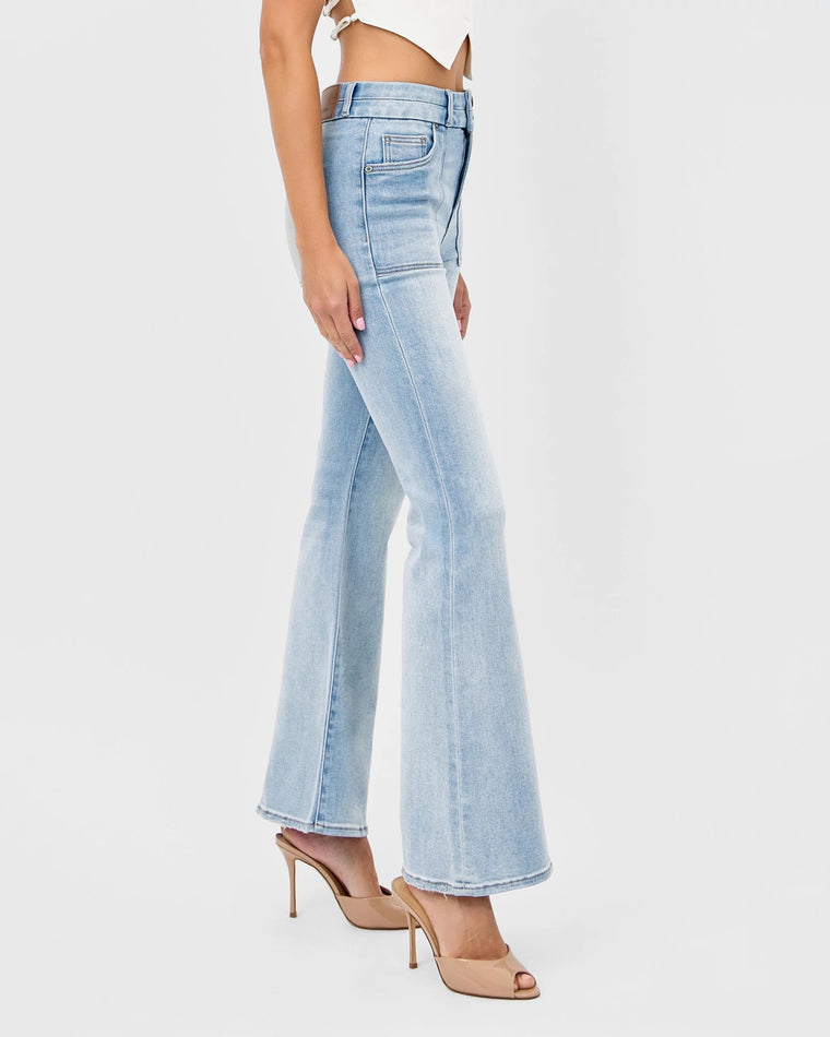 Light Wash Blue $|& Hidden The Happi Double Button Utility Flare Leg Jean - Hanger Front