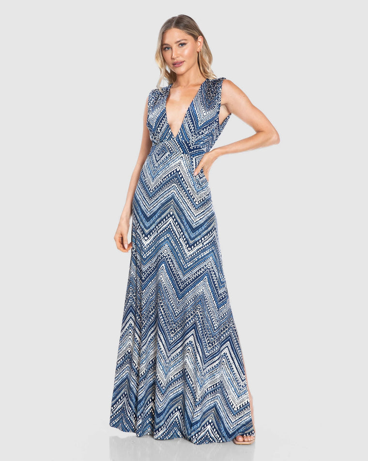 Navy $|& Brooklyn Isles Printed Deep V Open Back Maxi Dress - VOF Detail