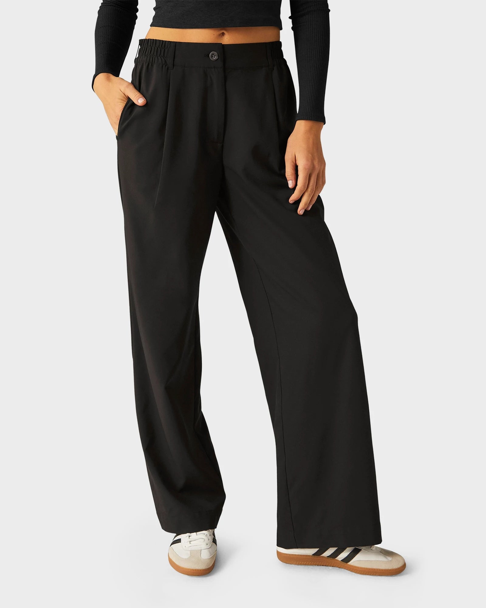 Black $|& Beyond Yoga Status Wide Leg Trousers - VOF Detail