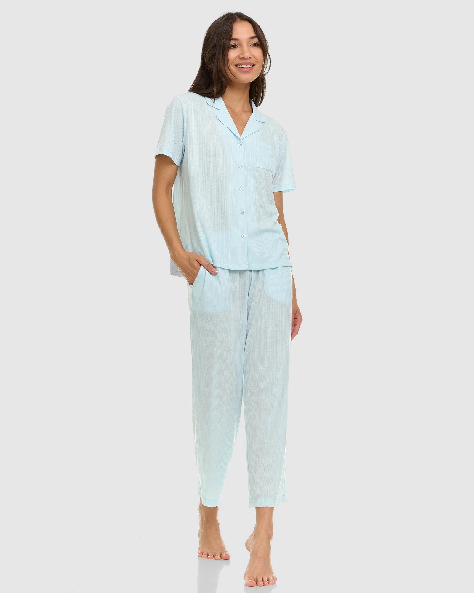 Light Blue $|& flora Julianne II Ribbed Notch Capri Sleep Set - Hanger Front