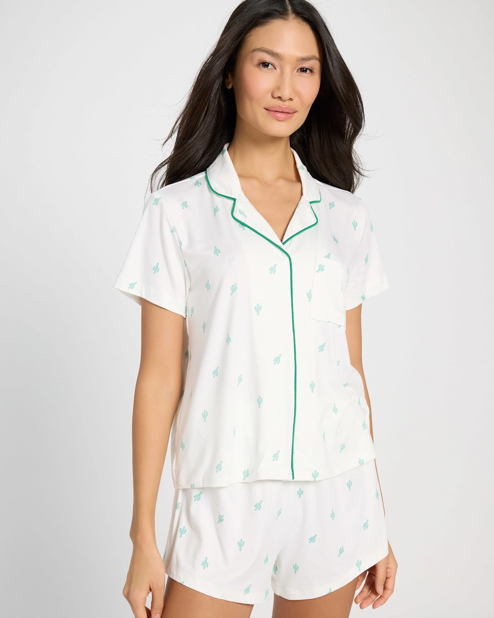 Ivory/Green Cactus $|& Bobeau Butter Knit Brushed DTY Printed V-Neck and Short Set - SOF Front