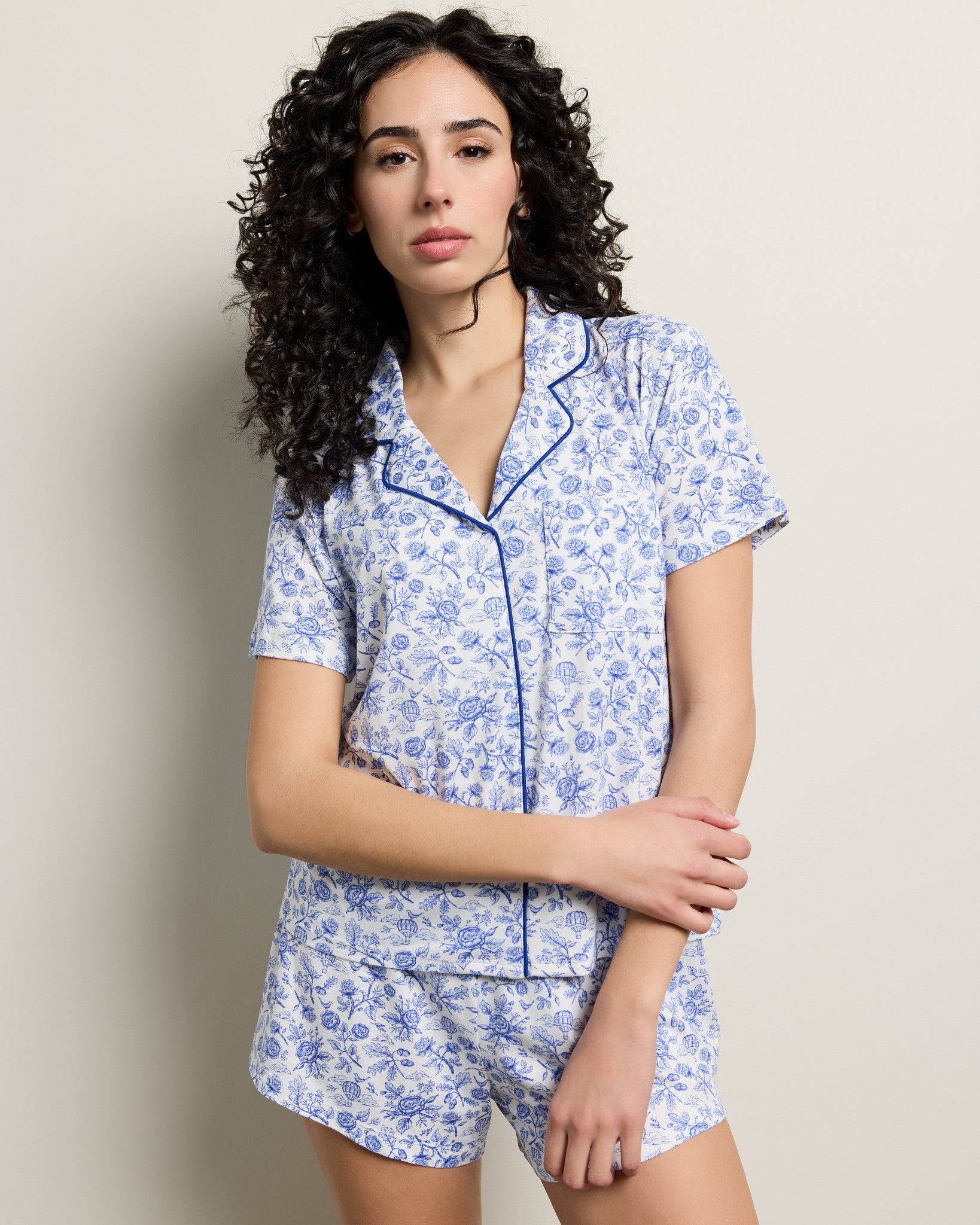 White/Blue Nature $|& Bobeau Butter Knit Brushed DTY Printed V-Neck and Short Set - SOF Front