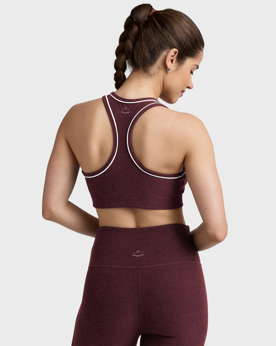 Midnight Burgundy Heather $|& Beyond Yoga Spacedye Ready Bra - Hanger Side