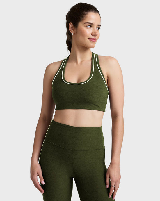 Army Green Heather $|& Beyond Yoga Spacedye Ready Bra - VOF Detail