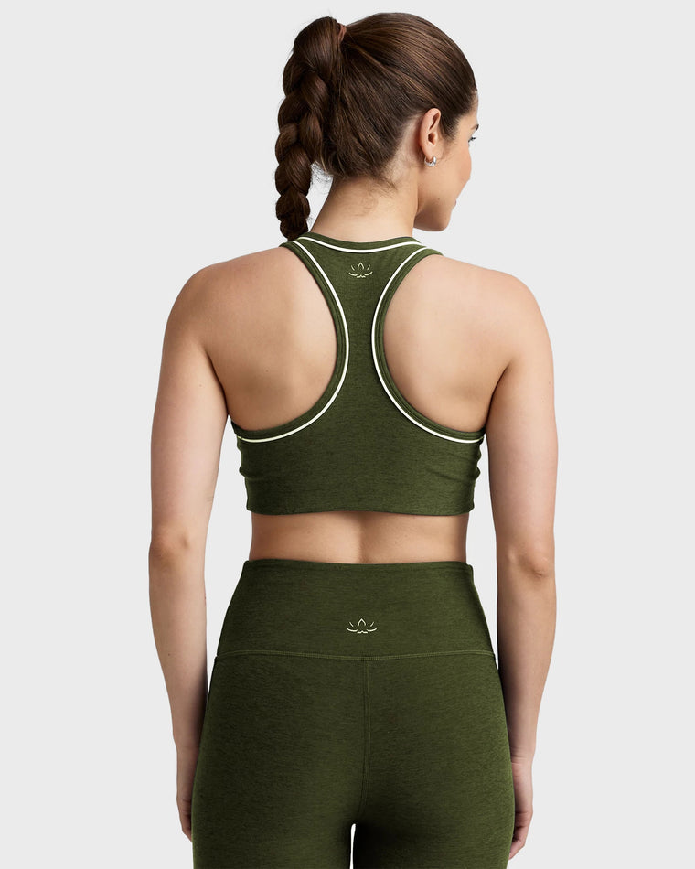 Army Green Heather $|& Beyond Yoga Spacedye Ready Bra - Hanger Side