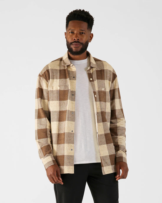 Chocolate/Oatmilk Buffalo Plaid Print $|& Glyder Trek Shirt - VOF Detail