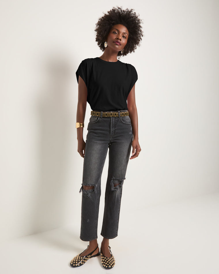 Faded Black $|& SEAS Bloom Ruched Shoulder Tee - UGC On Fig