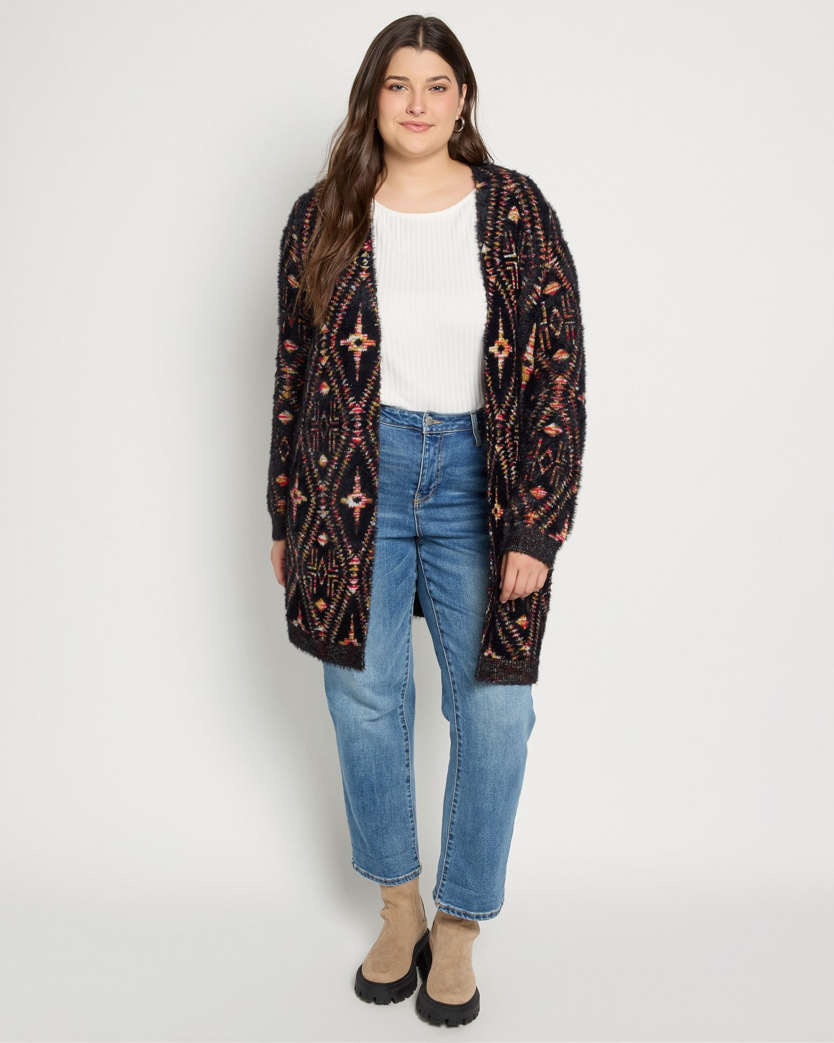 Black Multi $|& Bobeau Eyelash Open Front Cardigan - UGC On Fig
