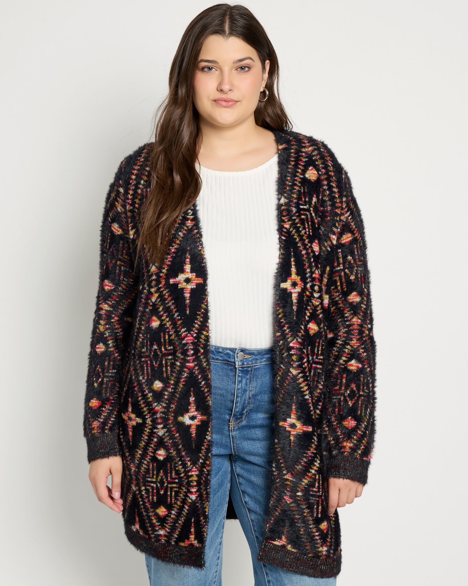 Black Multi $|& Bobeau Eyelash Open Front Cardigan - SOF Front