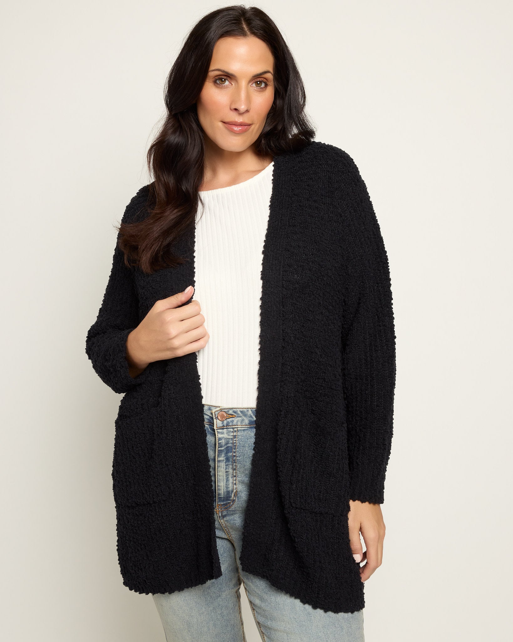 Black $|& Bobeau Two Pocket Popcorn Cardigan - SOF Front