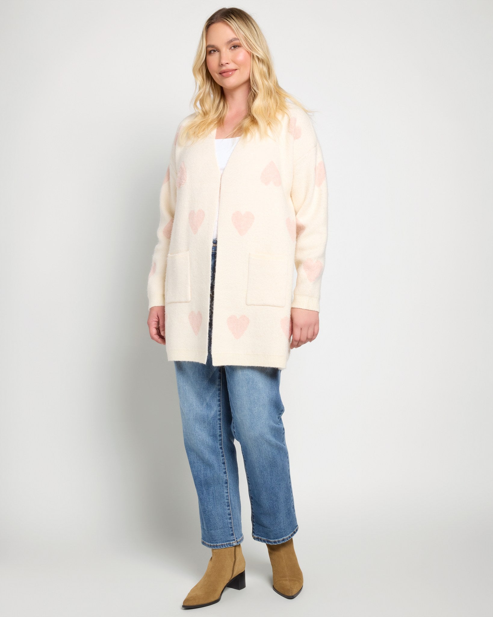 White with Pink Hearts $|& Bobeau Long Pocket Cardigan - UGC On Fig