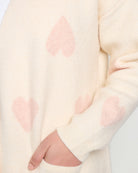 White with Pink Hearts $|& Bobeau Long Pocket Cardigan - SOF Full Front