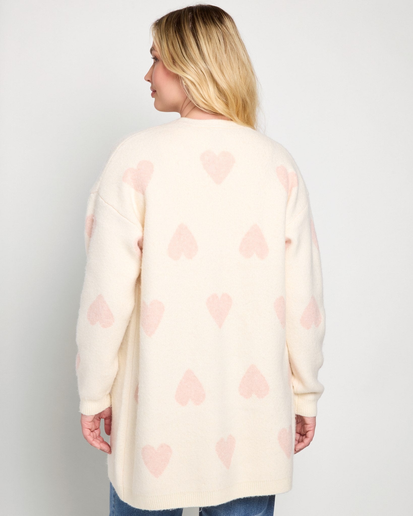 White with Pink Hearts $|& Bobeau Long Pocket Cardigan - SOF Back