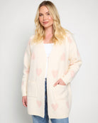 White with Pink Hearts $|& Bobeau Long Pocket Cardigan - SOF Front