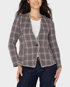 Brown/Navy Glen Check $|& Liverpool Collarless Fitted Blazer with Frayed - VOF Detail