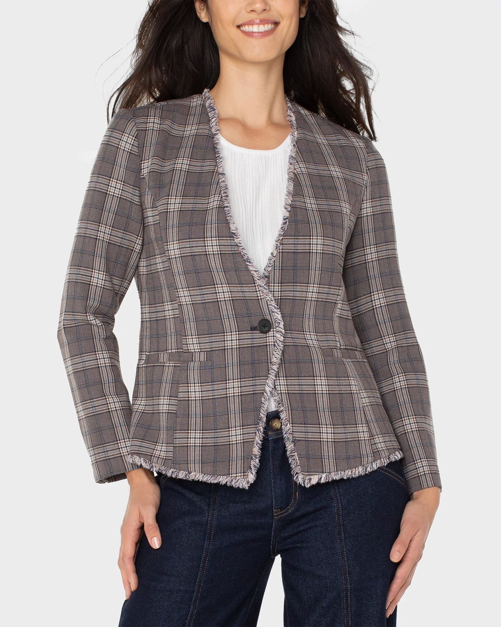 Brown/Navy Glen Check $|& Liverpool Collarless Fitted Blazer with Frayed - VOF Detail