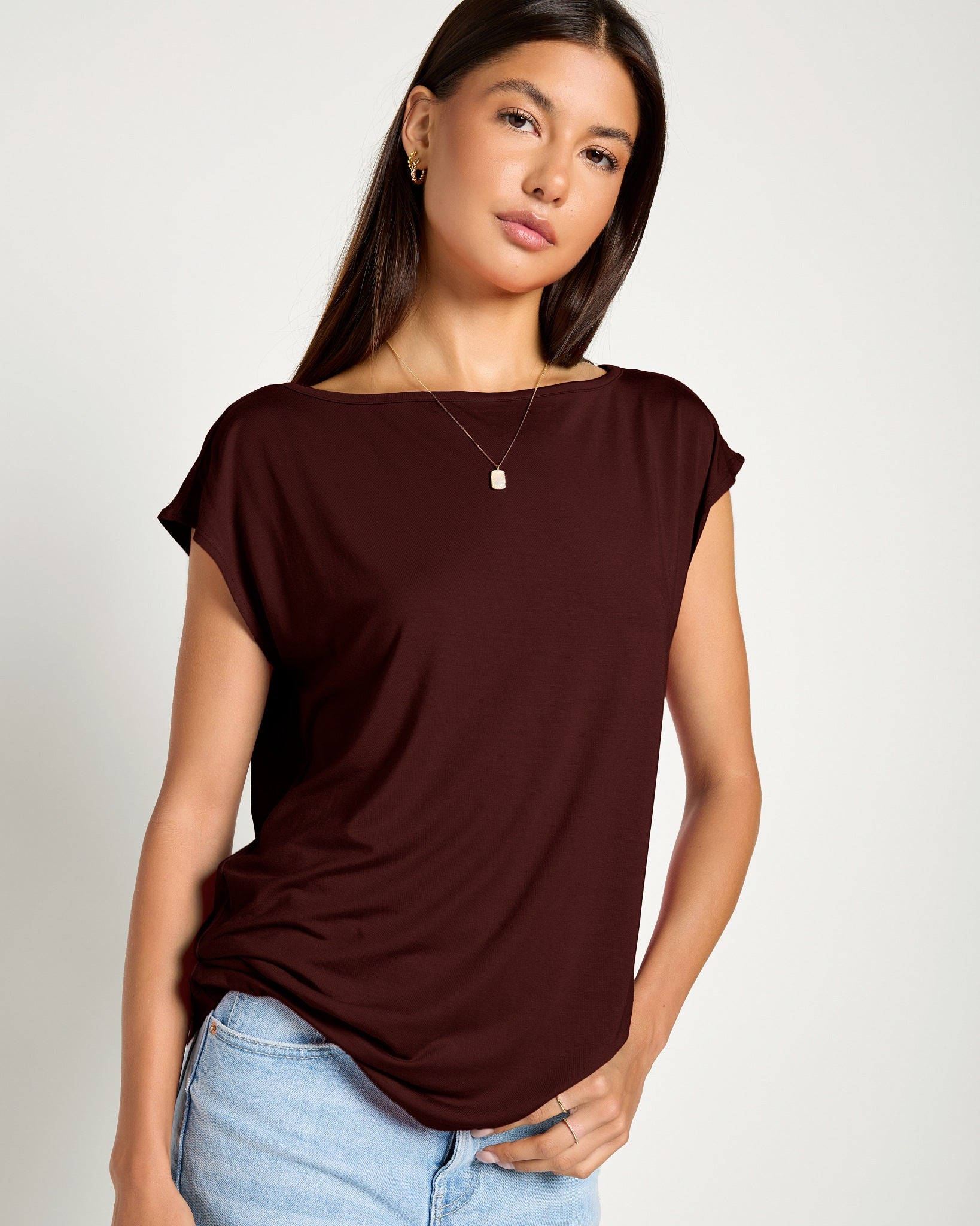 Mahogany $|& SEAS Brentwood Boat Neck Top - SOF Front