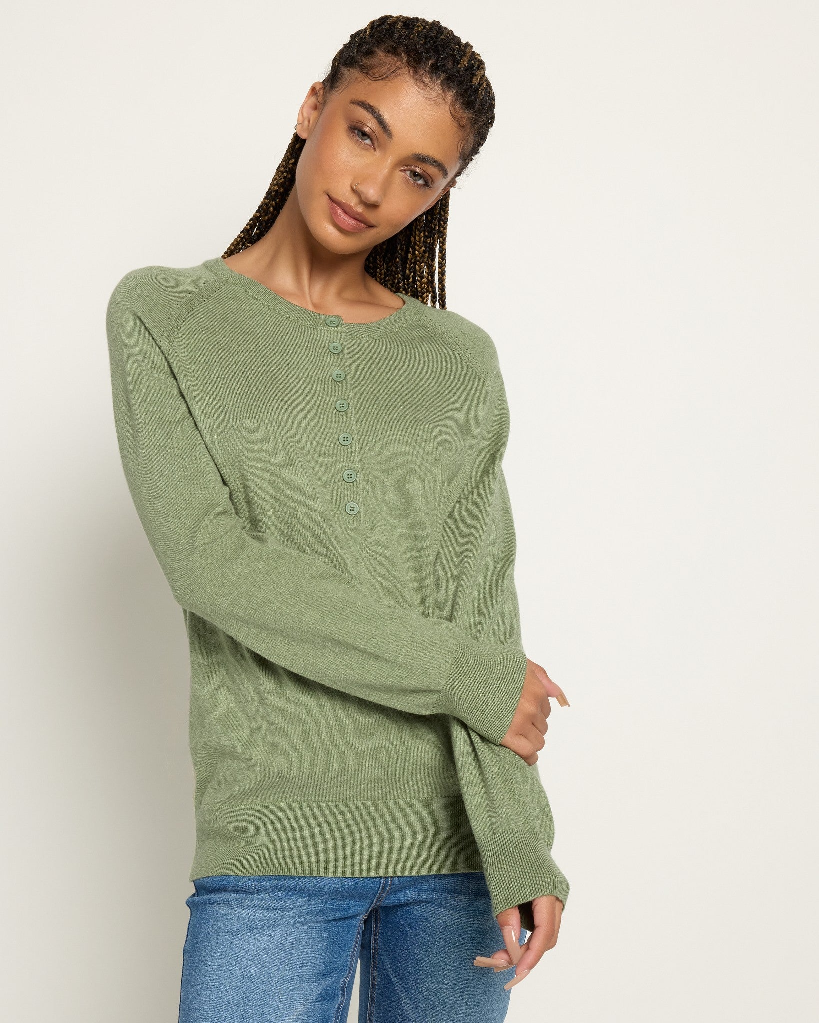 Heather Olive Branch $|& Herizon Sweet Echoes Henley Sweater - SOF Front