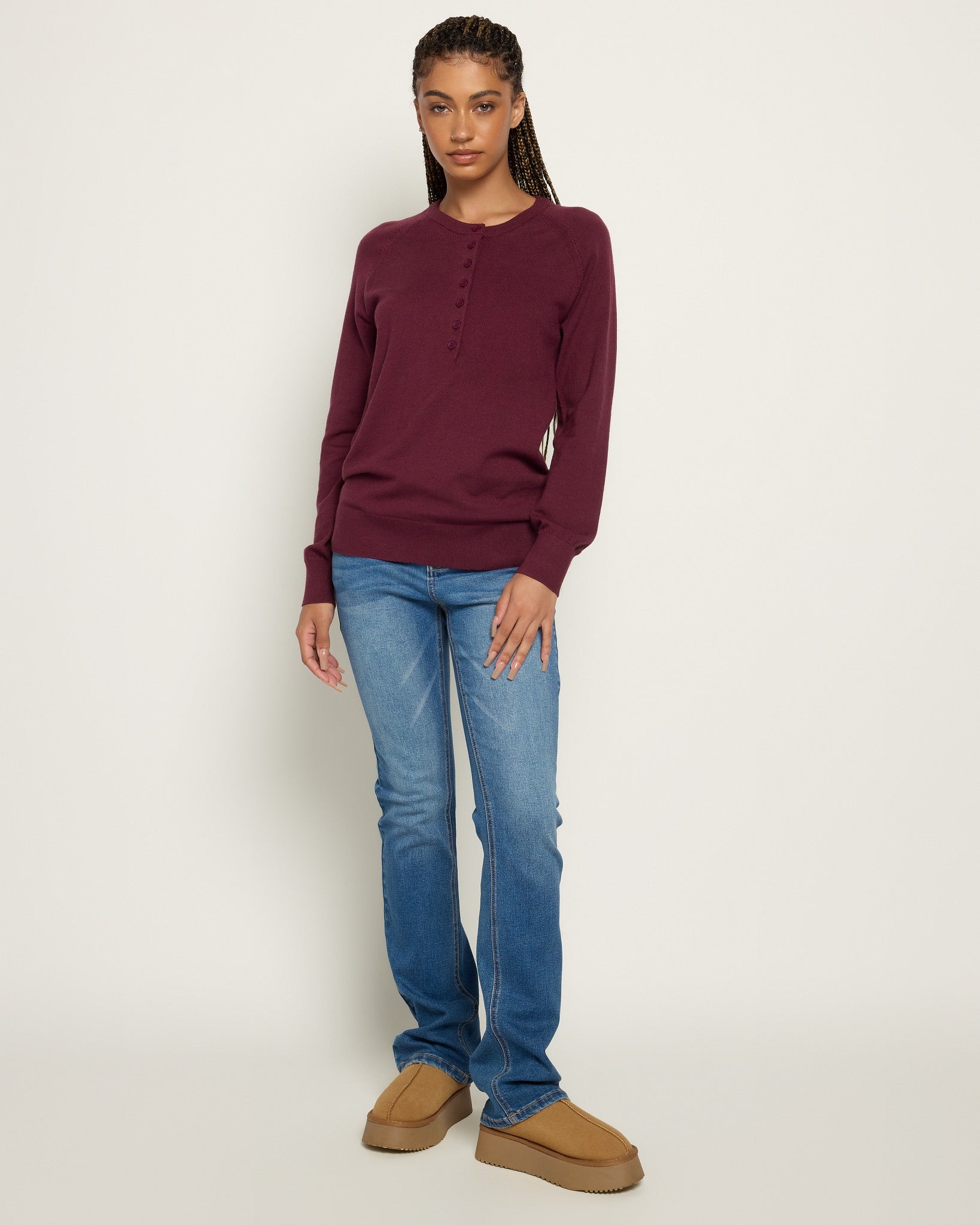 Heather Elderberry $|& Herizon Sweet Echoes Henley Sweater - UGC On Fig