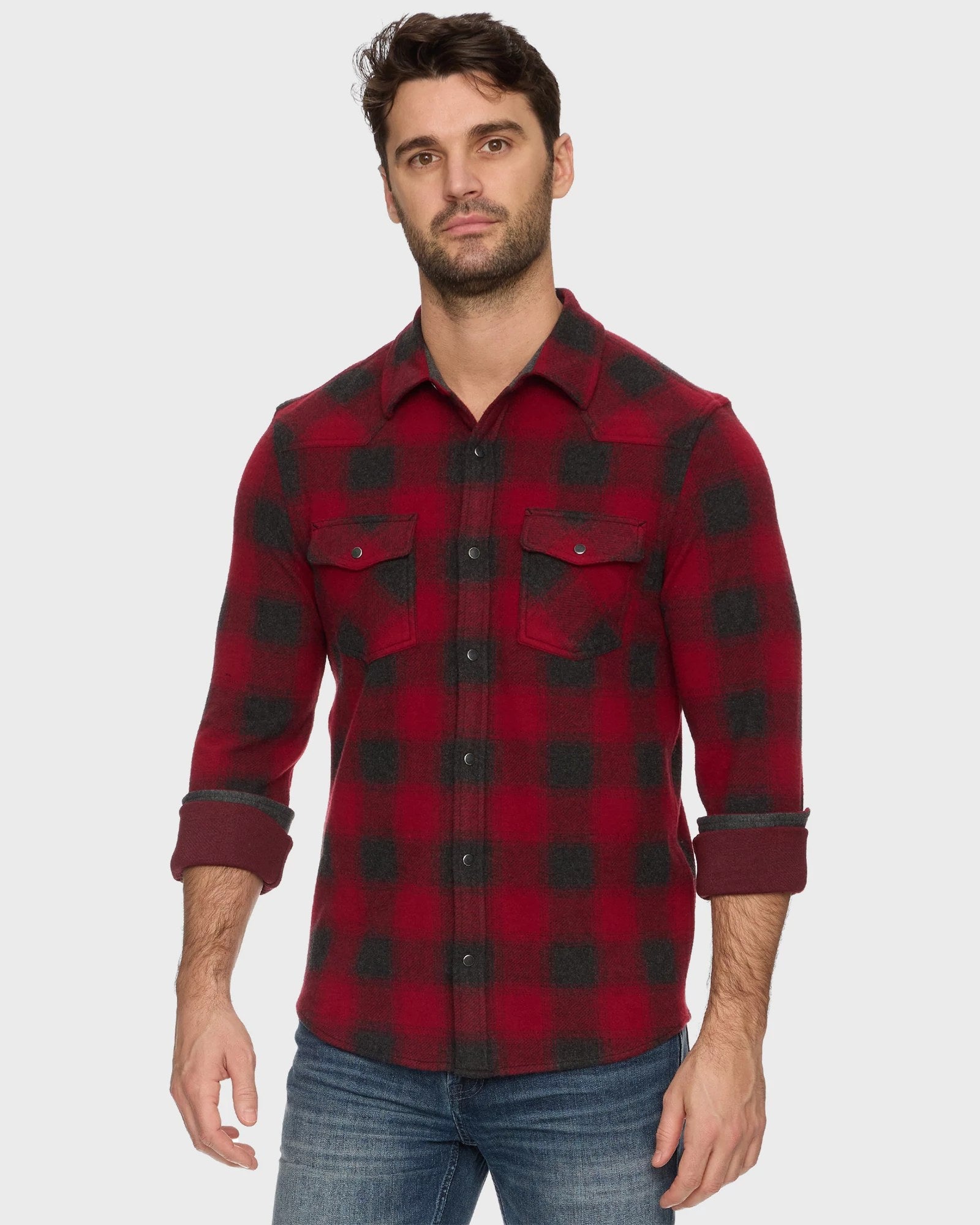 Red/Charcoal $|& Flag & Anthem Premont Long Sleeve Western Hero Knit Flannel - VOF Detail