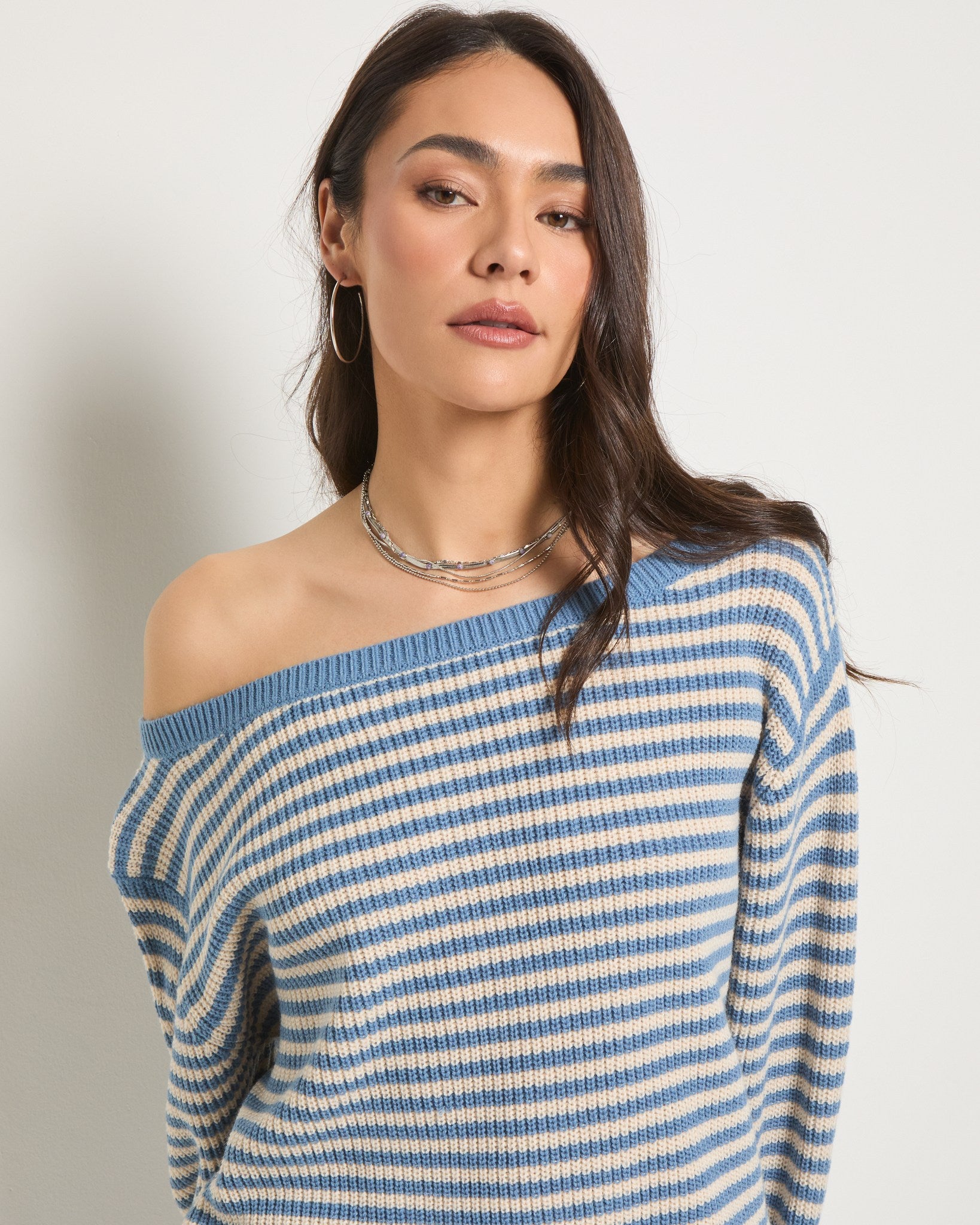 Country Blue/Cream $|& SEAS Sandy Boat Neck Sweater - SOF Full Front