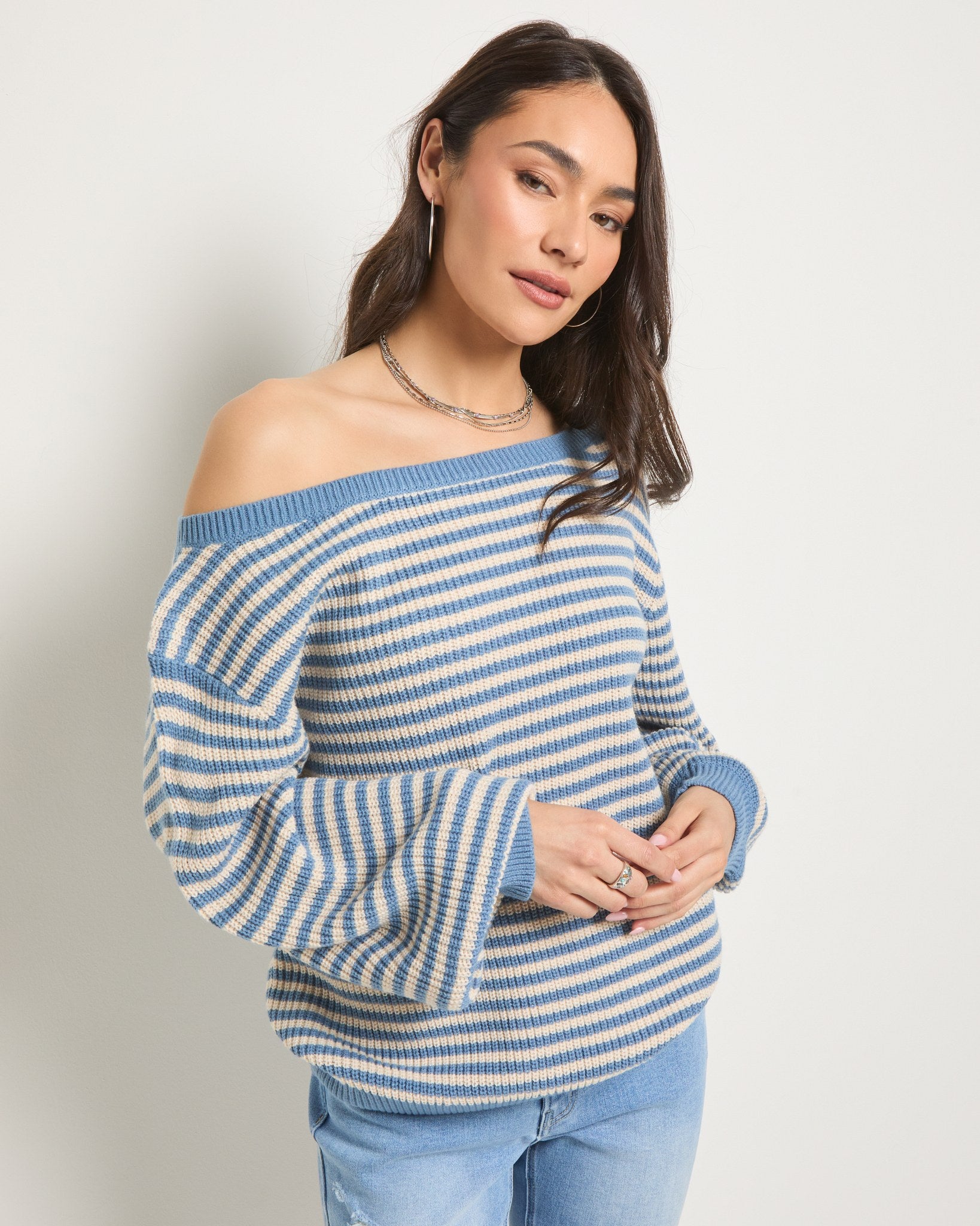 Country Blue/Cream $|& SEAS Sandy Boat Neck Sweater - SOF Front