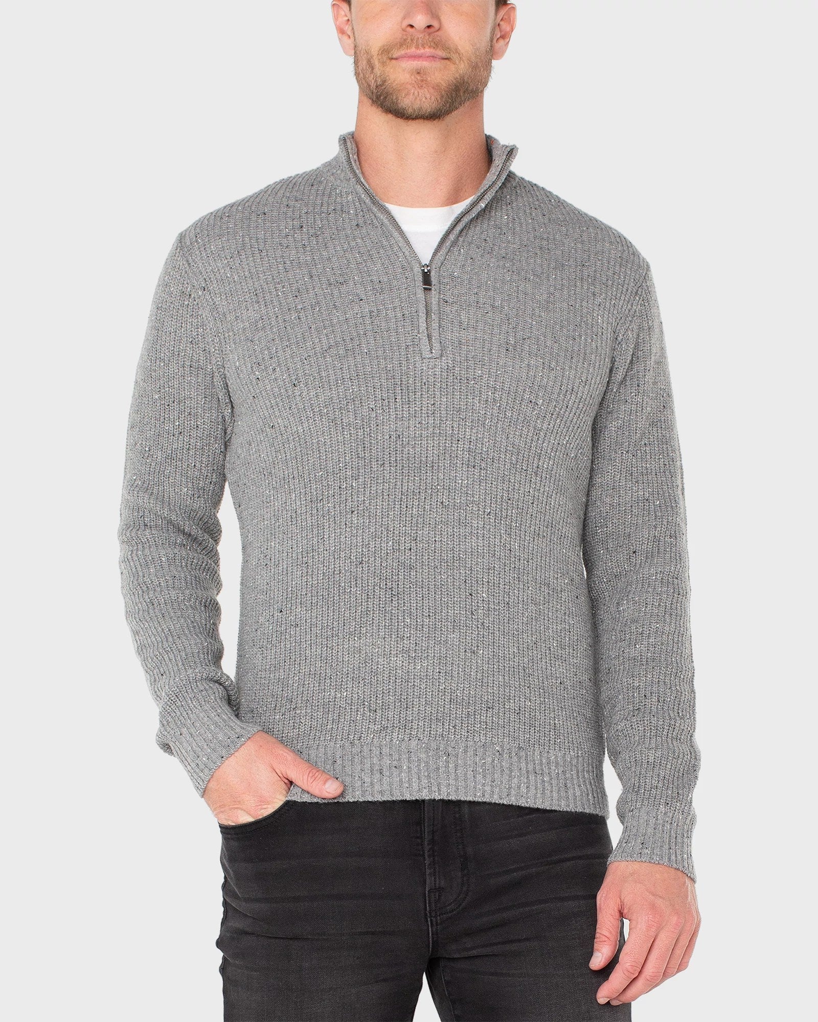 Light Grey $|& Liverpool Donegal Ribbed 1/4 Zip Sweater - VOF Detail