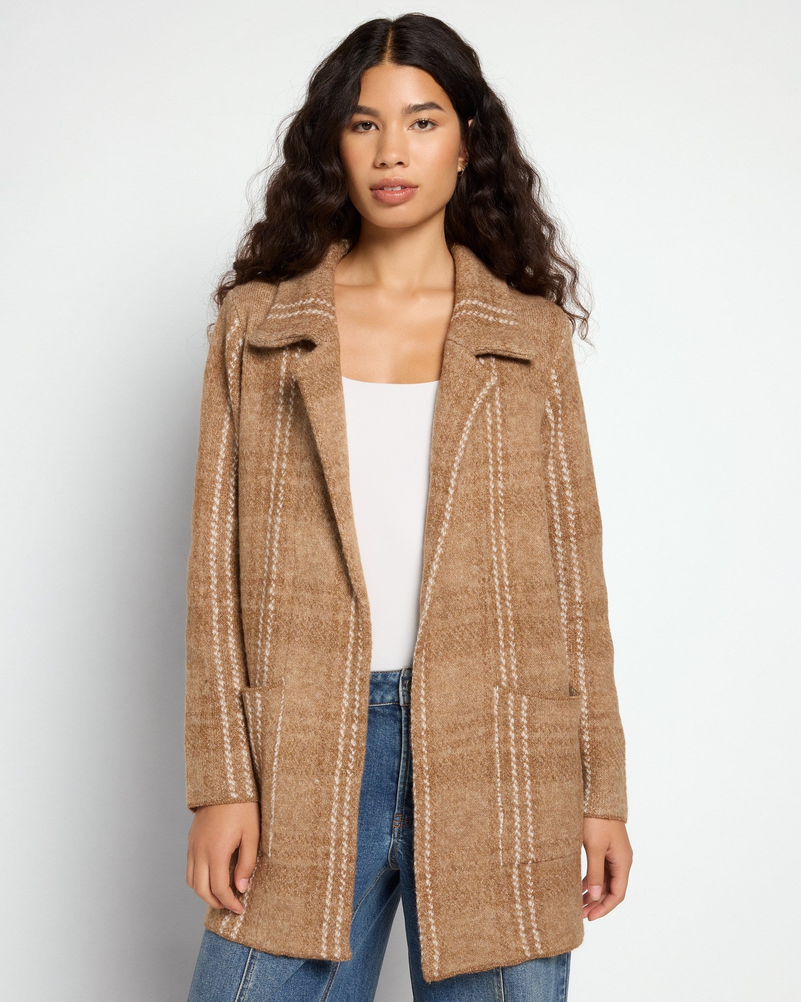 Sand Fuzzy Plaid $|& OneWorld Sweater Coatigan - SOF Front