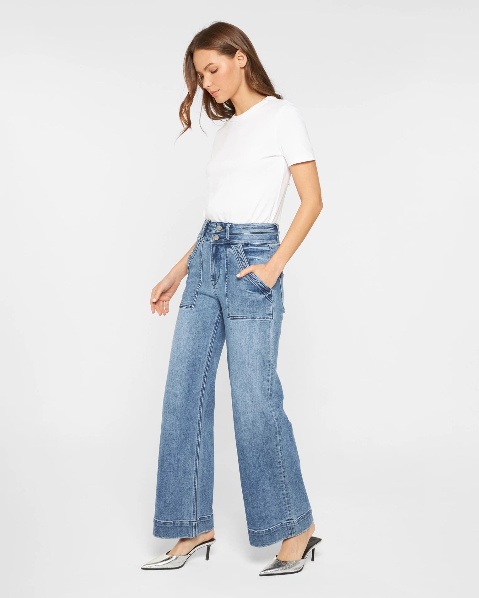 Chathams Blue $|& Mica Denim Super Rise Wide Leg Jeans With Double Waistband - Hanger Front