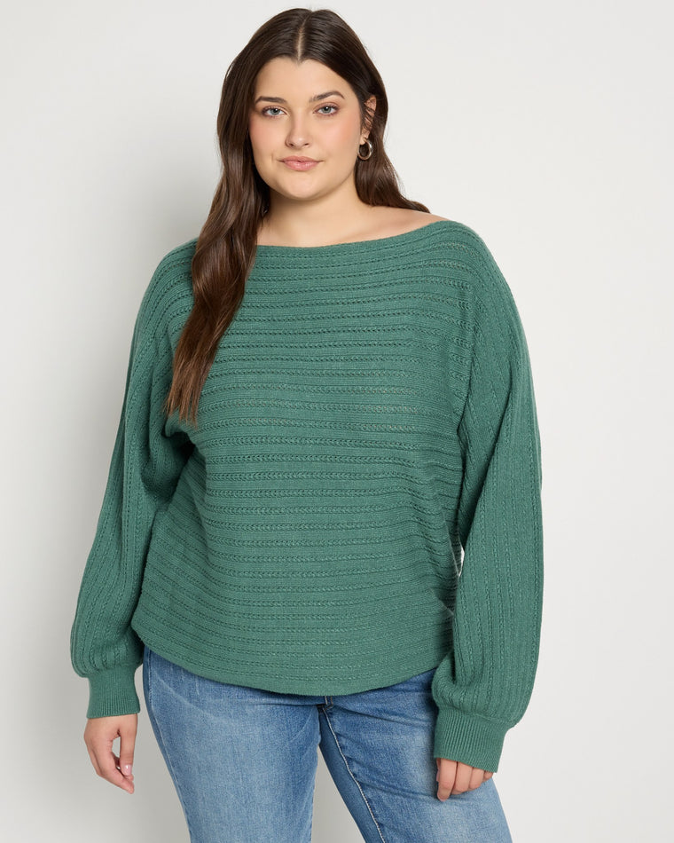 Frosty Spruce Green $|& SEAS Open Weave Dolman Sweater - SOF Front