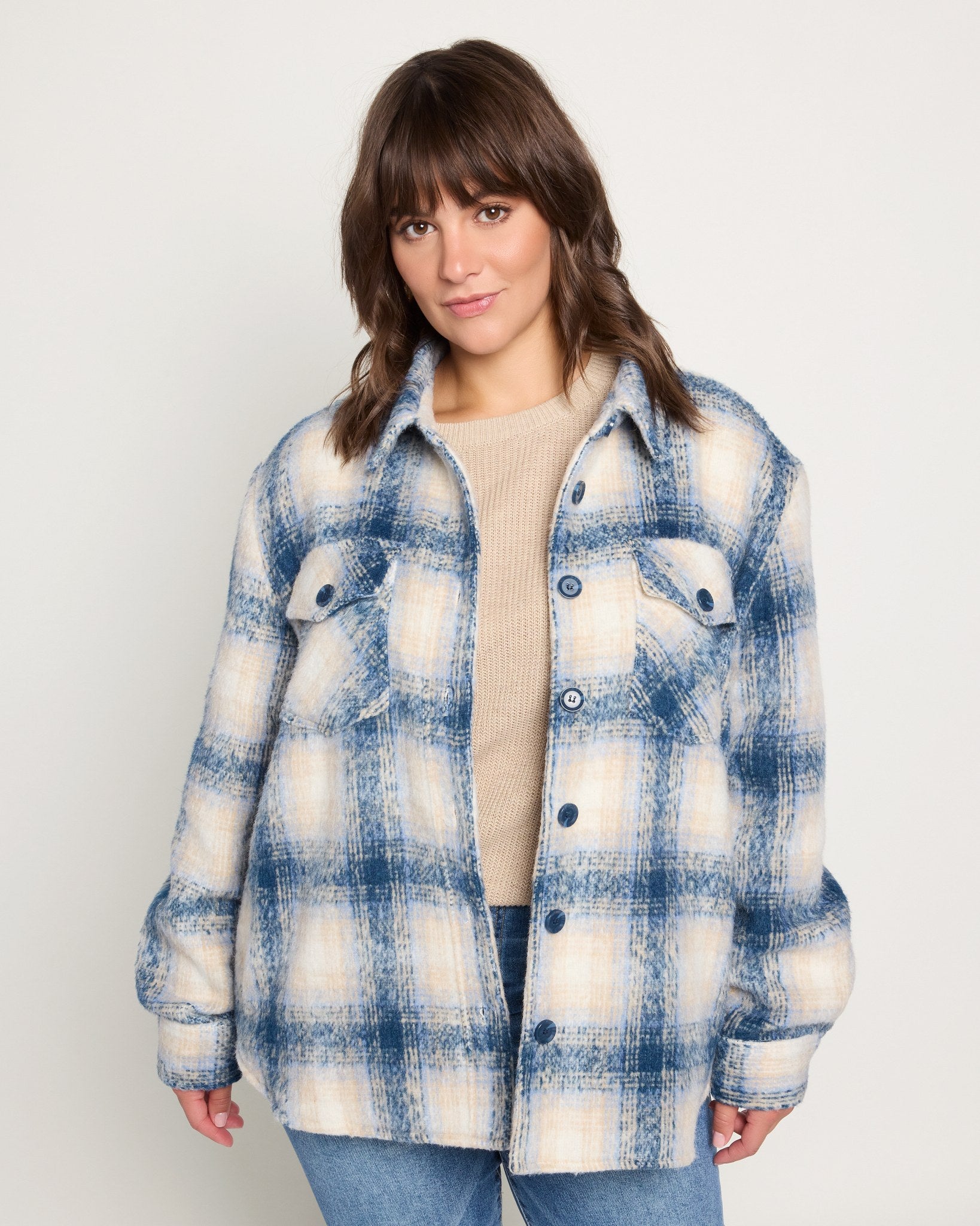 Blue Plaid $|& SEAS Cozy Plaid Shacket - SOF Front