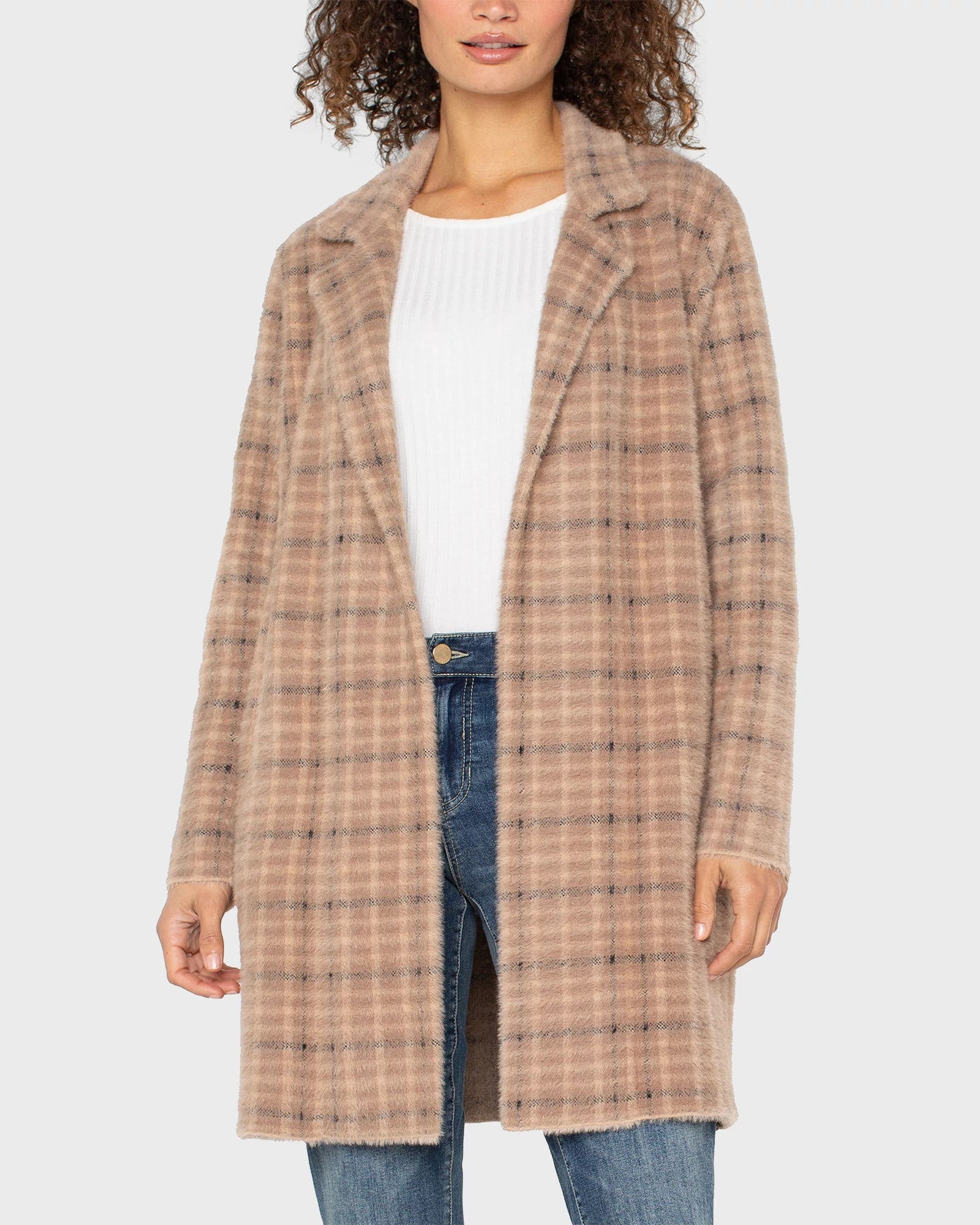 Camel Cream Plaid $|& Liverpool Open Front Coatigan - VOF Detail