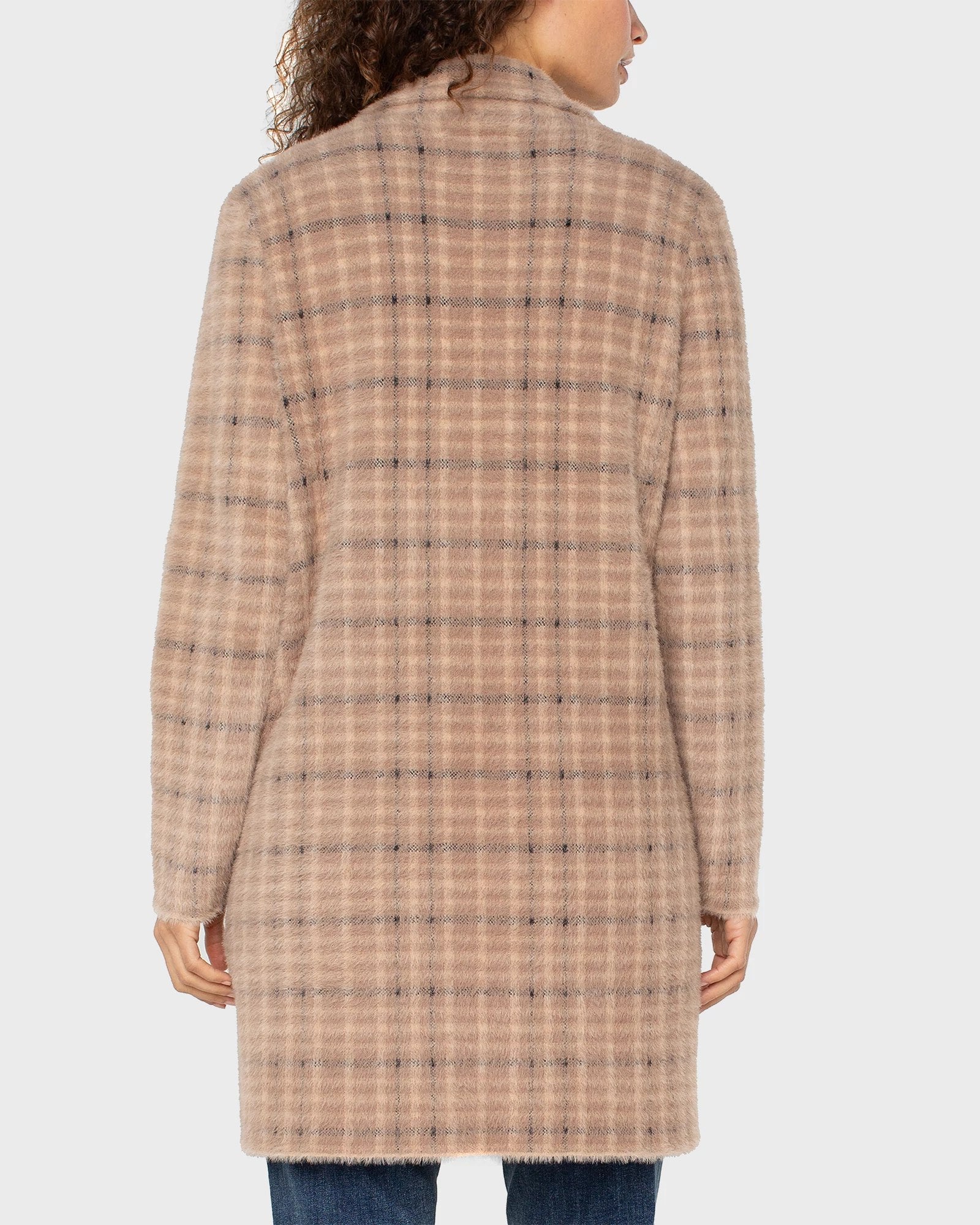 Camel Cream Plaid $|& Liverpool Open Front Coatigan - Hanger Side
