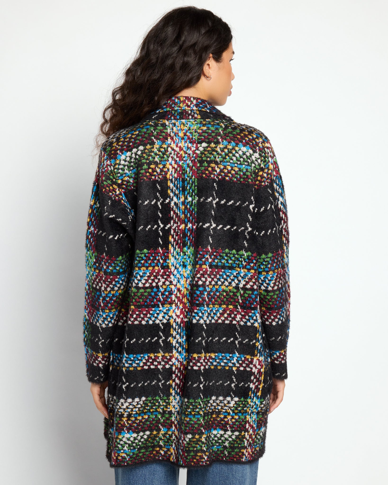 Black Multi Plaid $|& Liverpool Plush Collared Coatigan - SOF Back